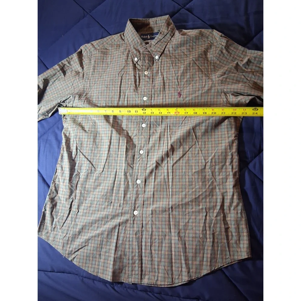 Ralph Lauren Mens Custom Fit Plaid Button Down Shirt Green Tan Red Large L